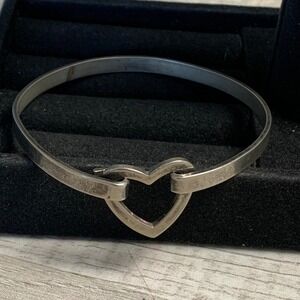 Silver Tone Heart Hook Bangle Bracelet Minimalist Romantic Cuff 6.5 Inch